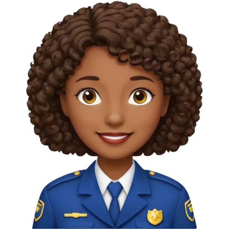 Middle-aged Female: dark skin, wearing uniform, approachable face, curly short brown hair emoji