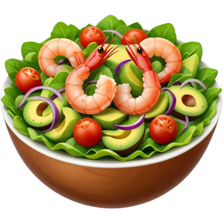 emoji of a composed salad with shrimp, avocado, cherry tomatoes, green salad leaves, and red onion, inspired by a photo, classic emoji style, bright colors, appetizing presentation emoji