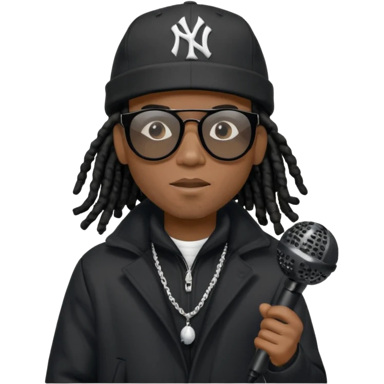 African American man with shoulder length black dreadlocks wearing black sunglasses with black bubble winter coat wearing black New York Yankees baseball hat rapping into a microphone emoji