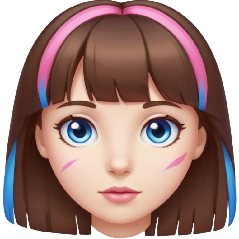 girl with brown hair, bangs and a pink streak on the right side with blue eyes emoji