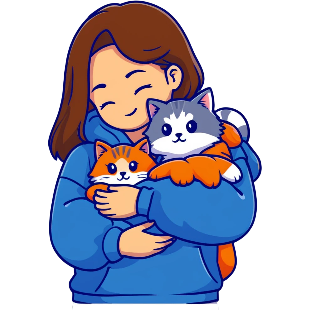 Brunette girl with dark blue sweatshirt snuggling a fluffy grey Siberian cat emoji