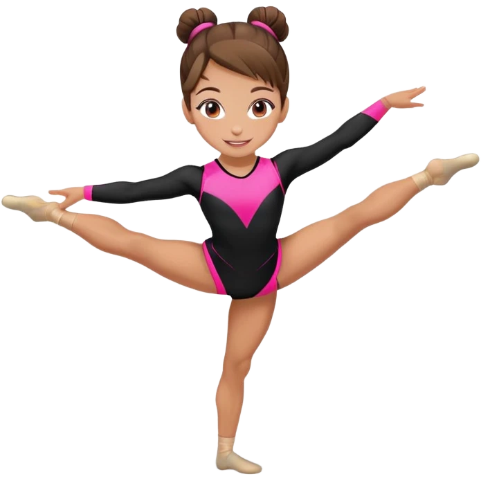 Happy female gymnast with brown hair in a neat bun, wearing a black uniform with neon pink elements. emoji