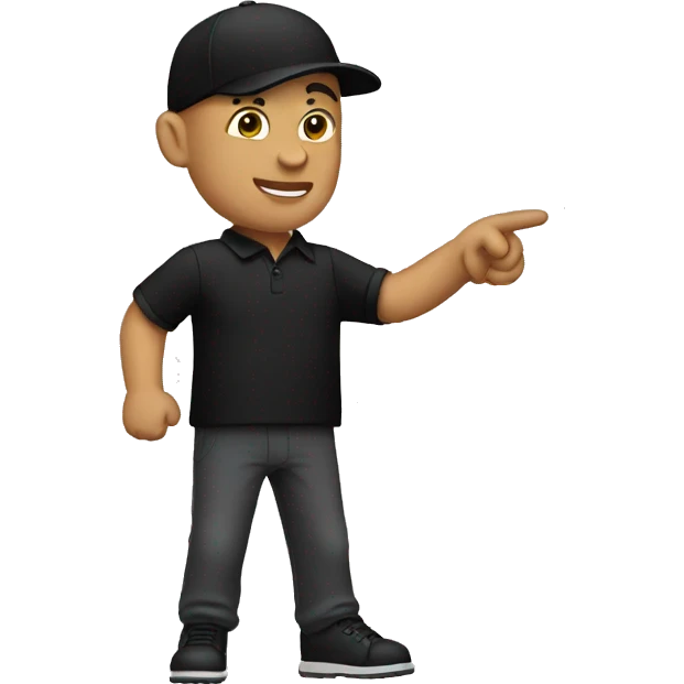 bald man pointing in front wearing a black cap and black polo emoji