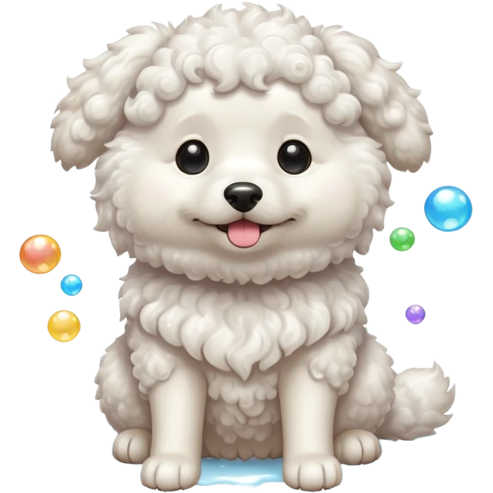 white curly dog with soap bubbles emoji