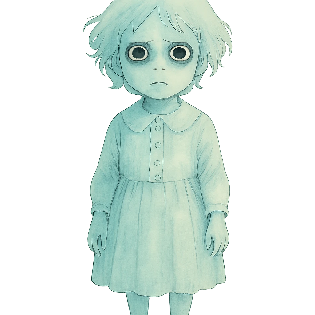 creepy ghostly child, pale and translucent, old-fashioned clothes, unsettling expression emoji