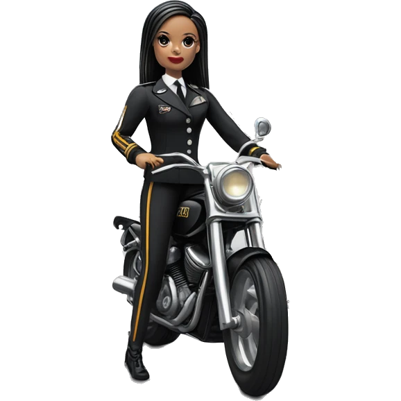 Jeffery New York Lingerie Barbie, Wednesday Addams from academy in vertically-striped dark-gray and black officer’s uniform. Leaning back at the hips, riding a wheelie on a hot rod bike emoji