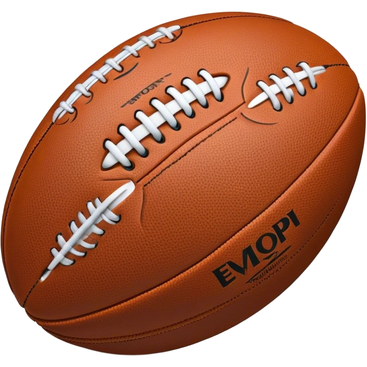 Cinematic Realistic image of a rugged rugby ball with detailed leather textures and precise stitching, rendered against a sunlit field backdrop with dynamic natural lighting that emphasizes its robust character emoji
