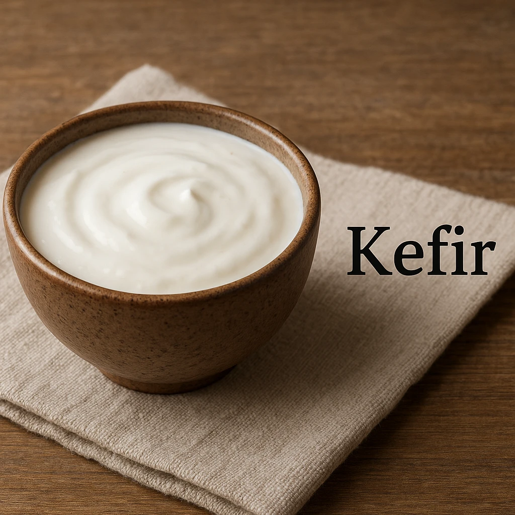 photo realistic bowl of kefir with the word 'Kefir' in Italian next to it emoji