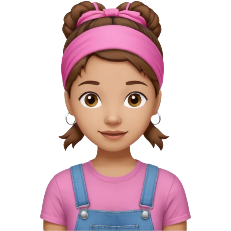 light skin woman with nice brown hair tied together in a one hairtie, wearing a pink t-shirt, demin overalls and pink wraparound hairband. expression is friendly, warm and enthusiastic.  emoji
