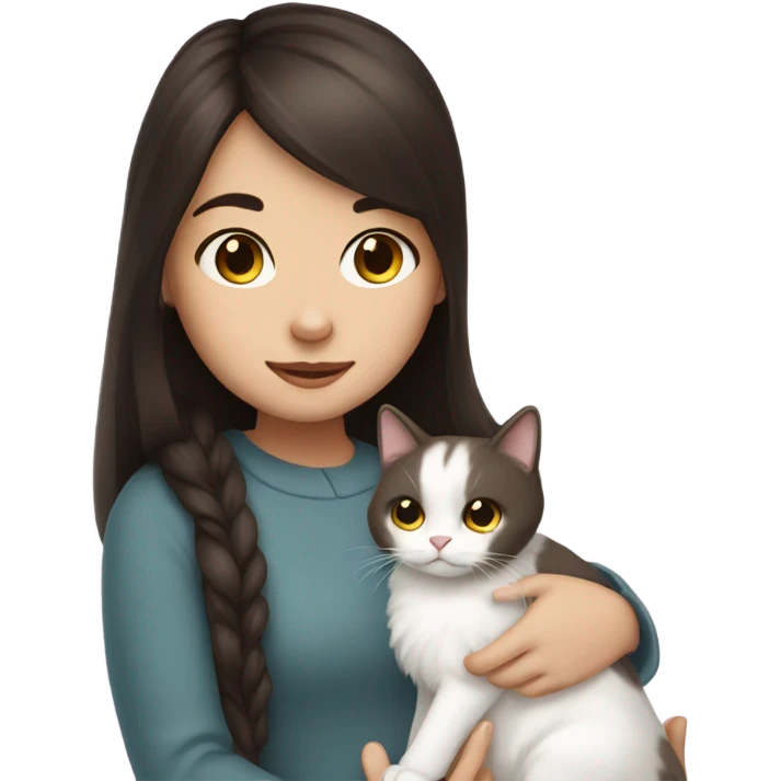 Dark brown straight hair girl holding white fluffy cat  emoji