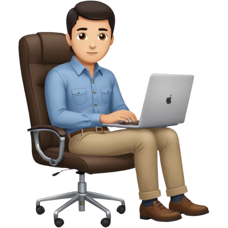 Rich man working on a chair at office in shirt, dark hair, and near the desk with laptop he is german very beautiful looks like, full body view emoji