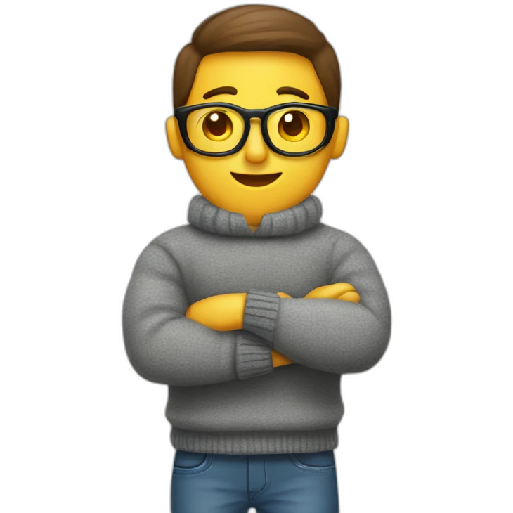 a copywriter with dictionaries for arms and a sweater emoji