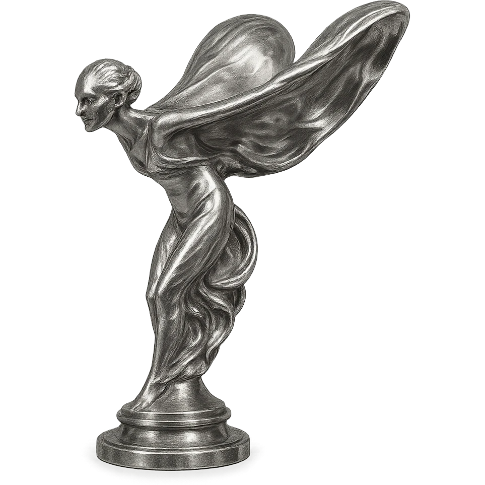 Spirit of Ecstasy statue, silver, art deco style, Rolls Royce mascot, flowing robes, classic luxury, iconic car emblem emoji