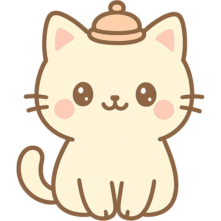 kawaii cat, wearing a tiny hat, sitting upright, smiling, soft color palette emoji