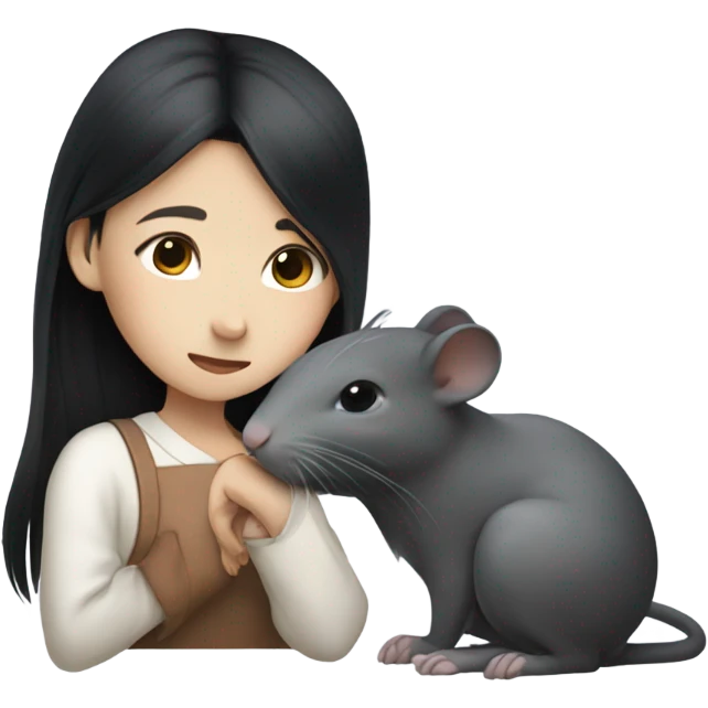 A korean girl with long black hair whispering to a grey rat emoji