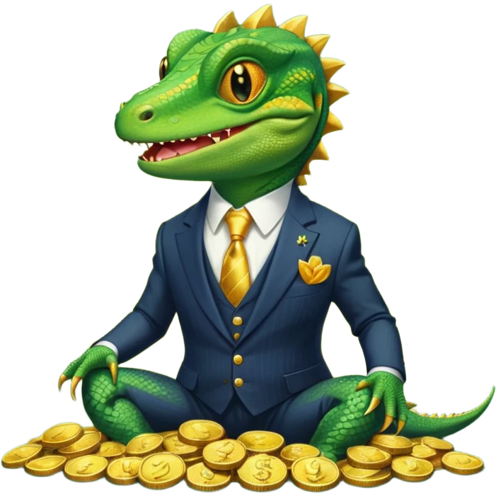 lizard in a pinstripe suit, grinning, sitting atop a pile of gold coins emoji
