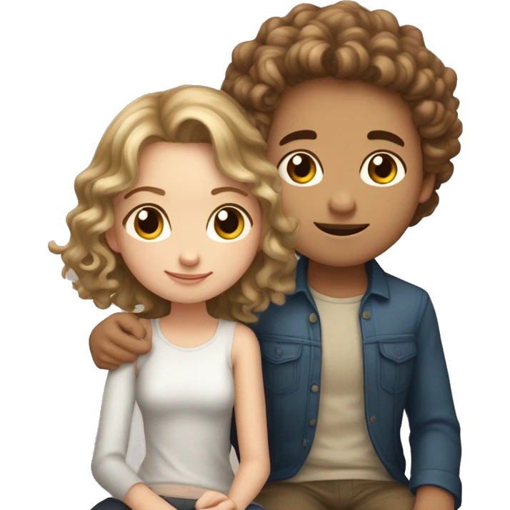 Two people, a girl and a boy, the girl has light brown hair and white skin, the boy has brown curly hair and white skin, they are sitting with their luxurious looks and the girl puts her head on his shoulder emoji