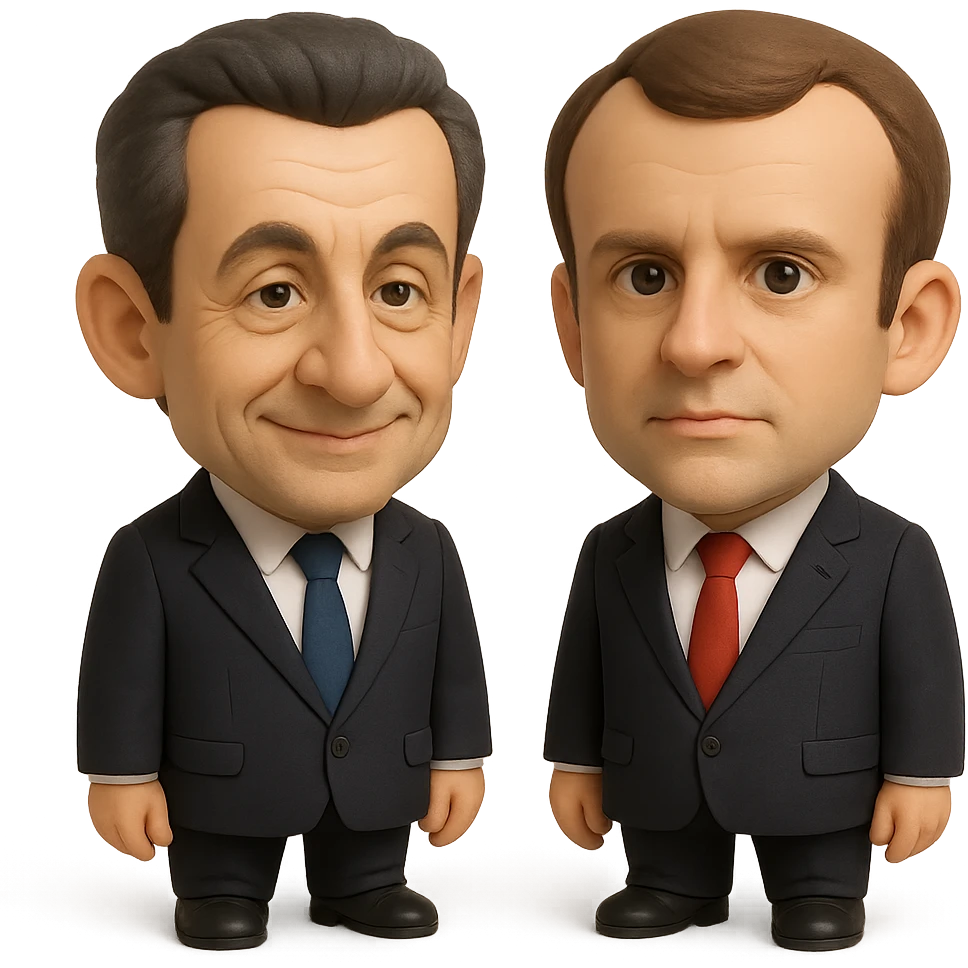 3D chibi caricature of Nicolas Sarkozy and Emmanuel Macron side by side, oversized heads, small realistic bodies, navy suits, Sarkozy with blue tie and slight smile, Macron with red tie and neutral expression, semi-realistic, soft shadows, accurate faces emoji