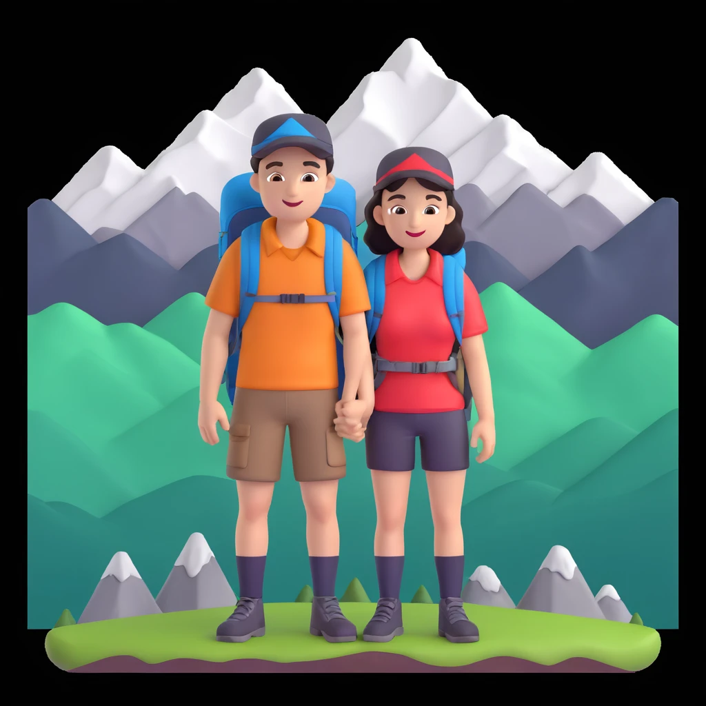 back packer couple posing, mountains in background,   close up pose emoji