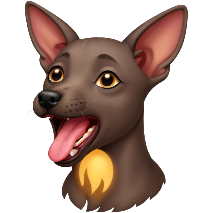 Cinematic Cute Yawning Xoloitzcuintle dog Portrait Emoji, Head tilted slightly with a dramatic, wide-open yawn, showcasing smooth, hairless ebony skin with gently relaxed wrinkles and floppy ears slightly drooping, round dark eyes barely open in drowsy contentment, Simplified yet irresistibly adorable features, highly detailed, glowing with a soft, cozy glow, high shine, relaxed yet expressive, stylized with a touch of whimsy, bright and endearing, soft glowing outline, capturing the essence of a sleepy yet affectionate guardian, so drowsy it feels like it could stretch out of the screen and curl up for a nap! emoji