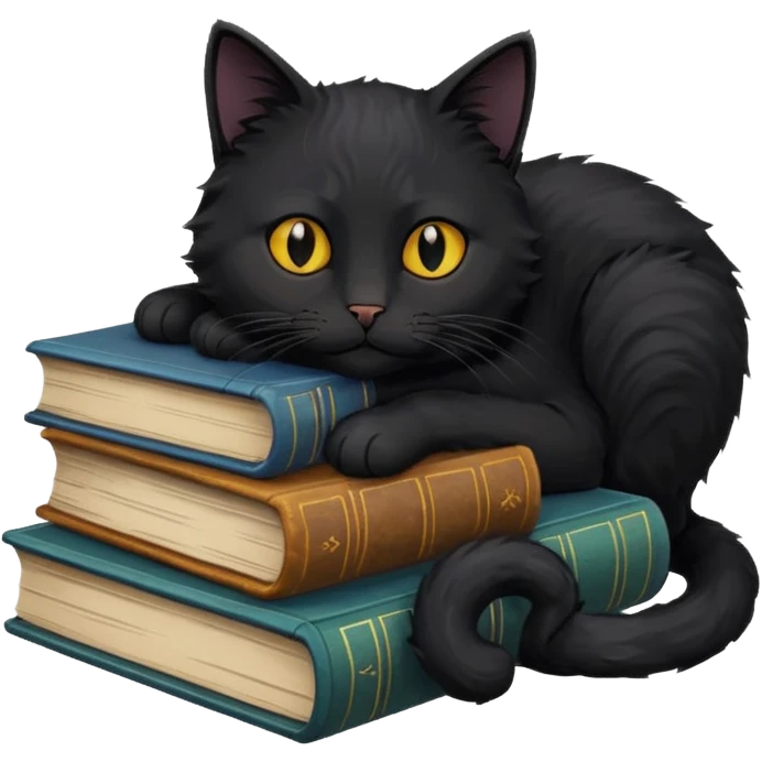 Black cat curled next to a pile of book emoji