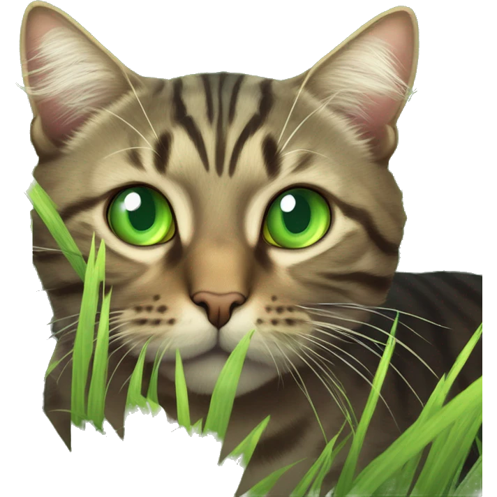 Majestic tabby cat with piercing green eyes, peeking through the tall grass, looking like a wild hunter in its natural kingdom emoji
