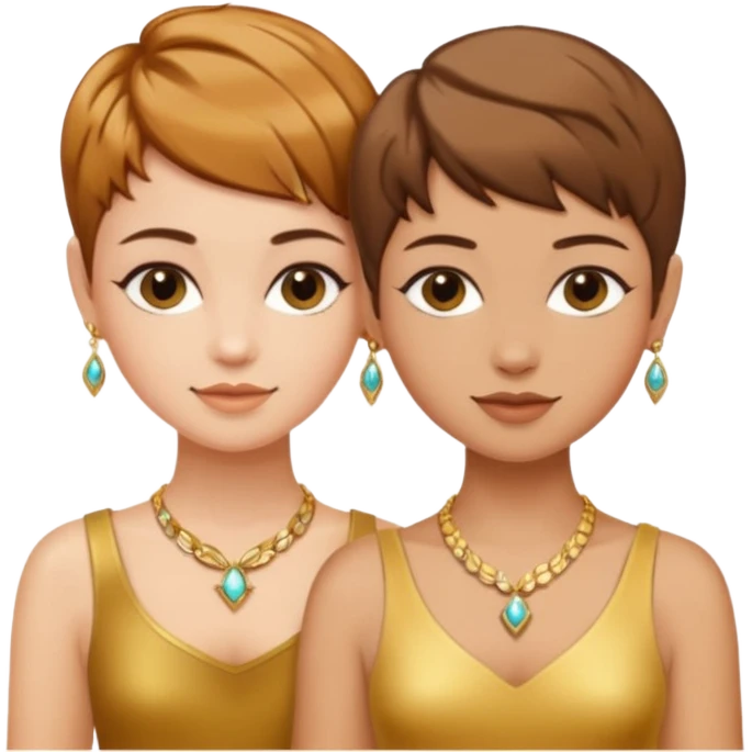 Fair skin and caramel colored besties with brown hair pixie cuts wearing jewelry   emoji