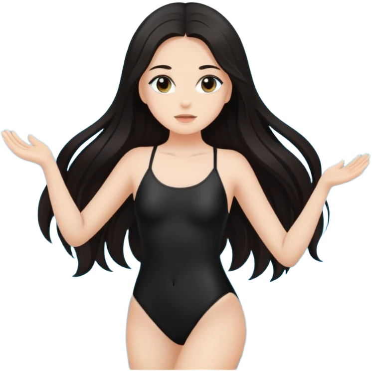 девушка со светлой кожей и темными длинными волосами позирует в черном купальнике emoji
