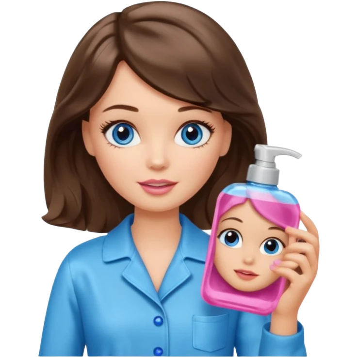 Barbie girl with makeup, blue eyes , and bob long haircut wavy, short brown hair in brown pajamas, face gel in hand emoji