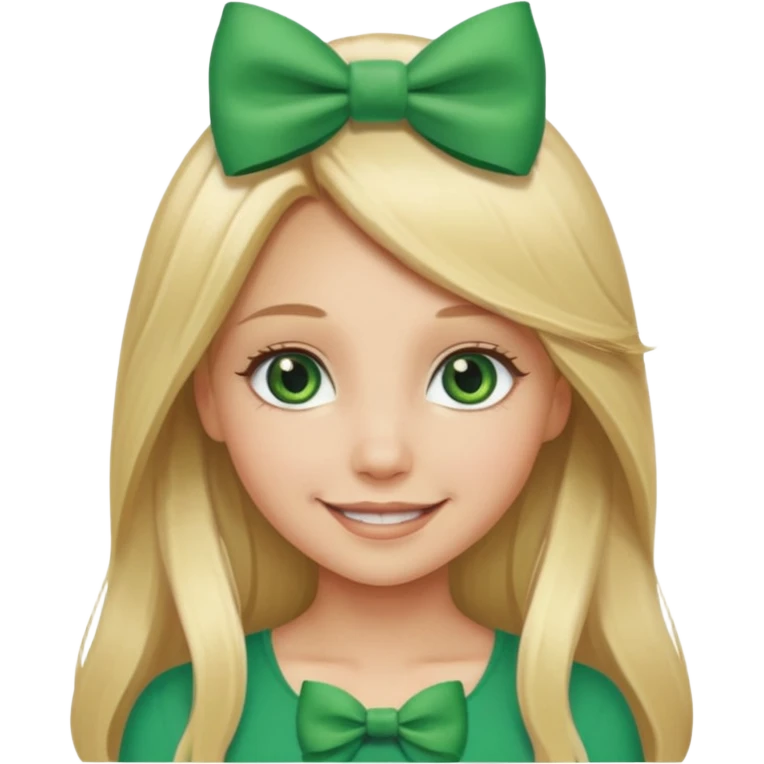 blonde girl long hair middle part, green eyes,at with a bow with text saying "engoy" emoji