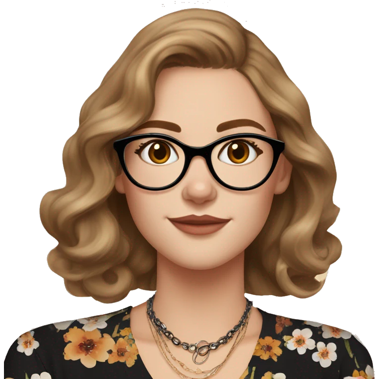 Woman with shoulder-length wavy light brown hair, fair complexion with freckles, cat eye makeup, wearing a black floral blouse, thin necklace with a round pendant, multiple rings, and bracelets. large glasses with thin frame emoji