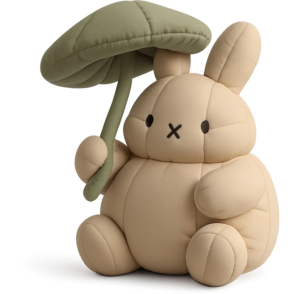 chubby bunny holding a mushroom umbrella, pastel beige and moss green, cushion style emoji