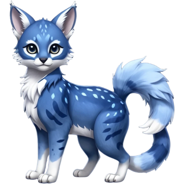 Cute kawaii cool edgy badass  glossy midnight-blue fur with silver starlight dusting fantasy-caracal-civet-genet-sergal-vernid-Gryphon-Cacomistle-Trico-oncilla-animal-Fakémon-hybrid-fursona (full body), facial markings, (realism style) emoji