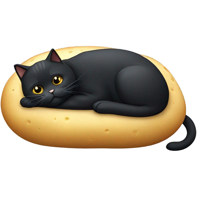 A fat black cat laying down looking like a potato￼ emoji