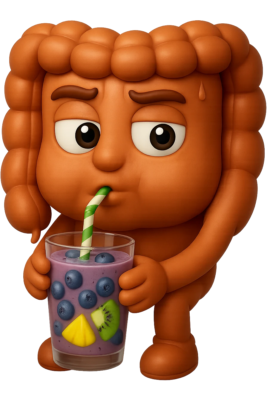 EMOJI STILE IPHONE DI un intestino umano anatomico che beve un frullato di mirtilli, ananas, kiwi, fagli anche la parte bianca degli occhi, non solo le pupille, REALISTICo 4K emoji
