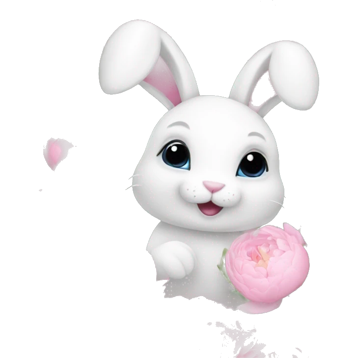 cute white bunny holding light pink peonies emoji