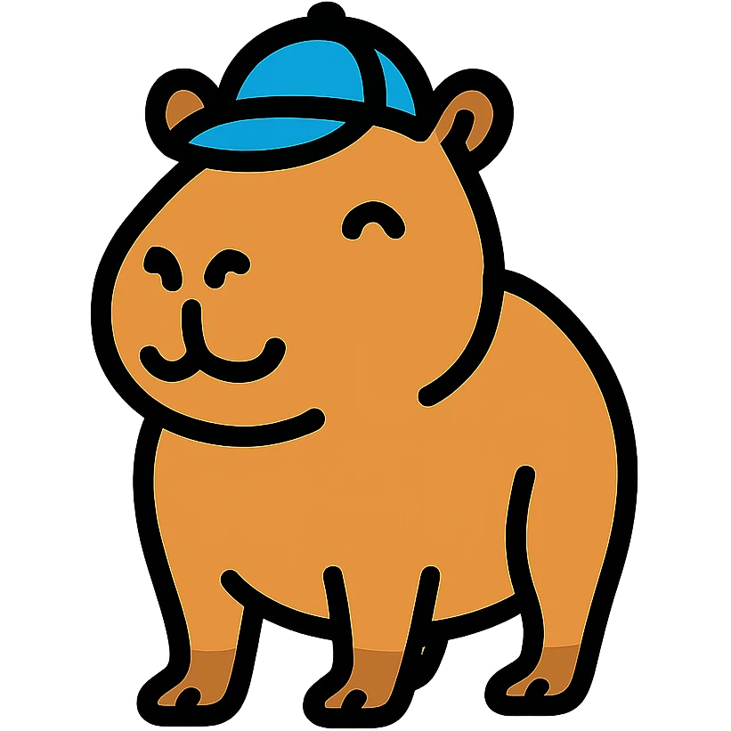 A cute capybara wearing a small hat or cap, looking happy emoji