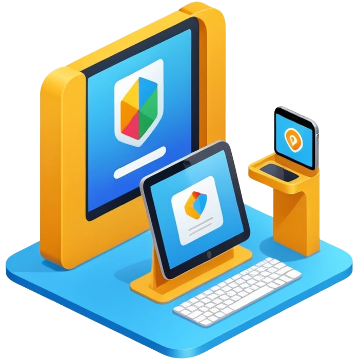 isometric, image of modern user experience with mobile, desktop portal, kiosk etc emoji