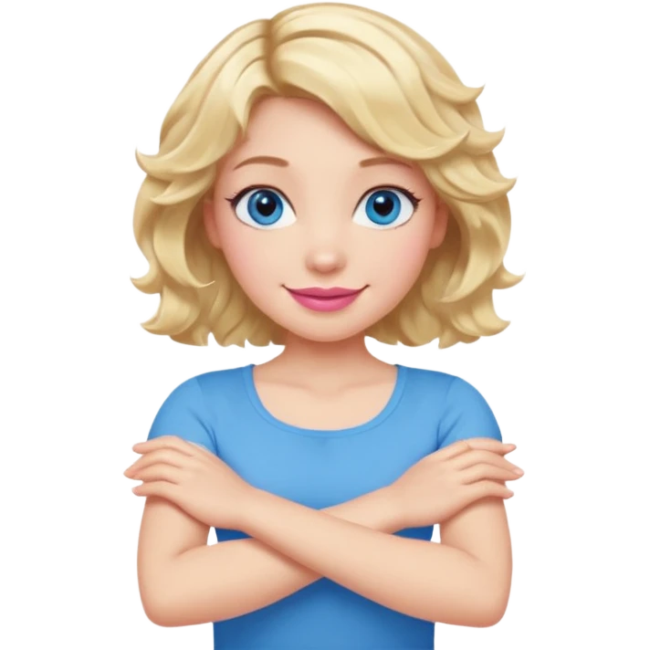 Girl Blonde short wavy hair,  blue eyes, cute blue top, long lashes, pink lips, smiling, making cross arms X with arms  emoji