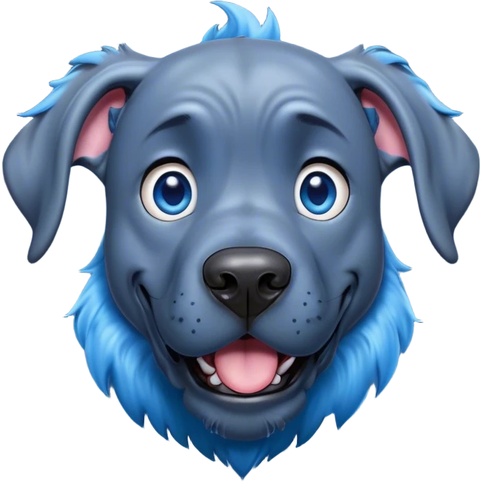 Cinematic Comical Blue Great Dane Portrait Emoji, Head tilted dramatically with an exaggeratedly amused expression, featuring a striking blue Fur with a glossy finish, wide, expressive steel-blue eyes filled with playful disbelief, Simplified yet hilariously expressive features, highly detailed, glowing with a slightly sassy glow, high shine, dramatic yet playful, stylized with an air of cheeky charm, bright and endearing, soft glowing outline, capturing the essence of a spirited and over-the-top guardian, so meme-worthy it feels like it could side-eye its way into internet fame instantly! emoji