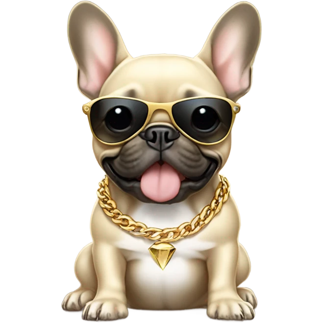 Beige French bulldog with a gold tooth and dark sunglasses wearing golden diamond chains emoji
