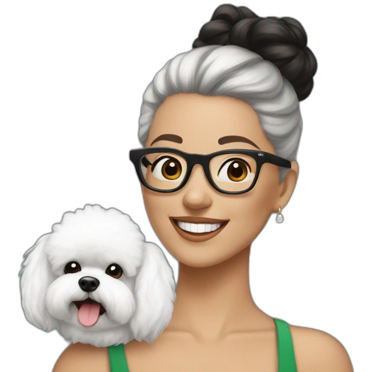 woman-black-hair-bun-with glasses-with bichon dog-white-smile-Christmas emoji