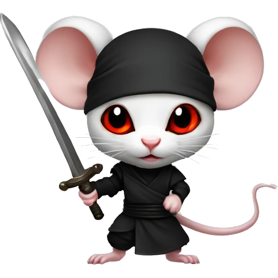 Albino rat red eyes wearing a headband, black ninja costume, dramatic pose, holding sword emoji