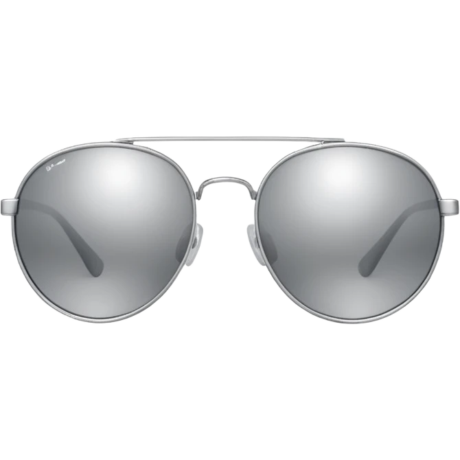 A pair of luxury sunglasses emoji with silver chrome frame, smooth rounded lenses, reflective metallic surface, high-end swag aesthetic, minimal and clean design, iOS emoji style, centered, white background emoji