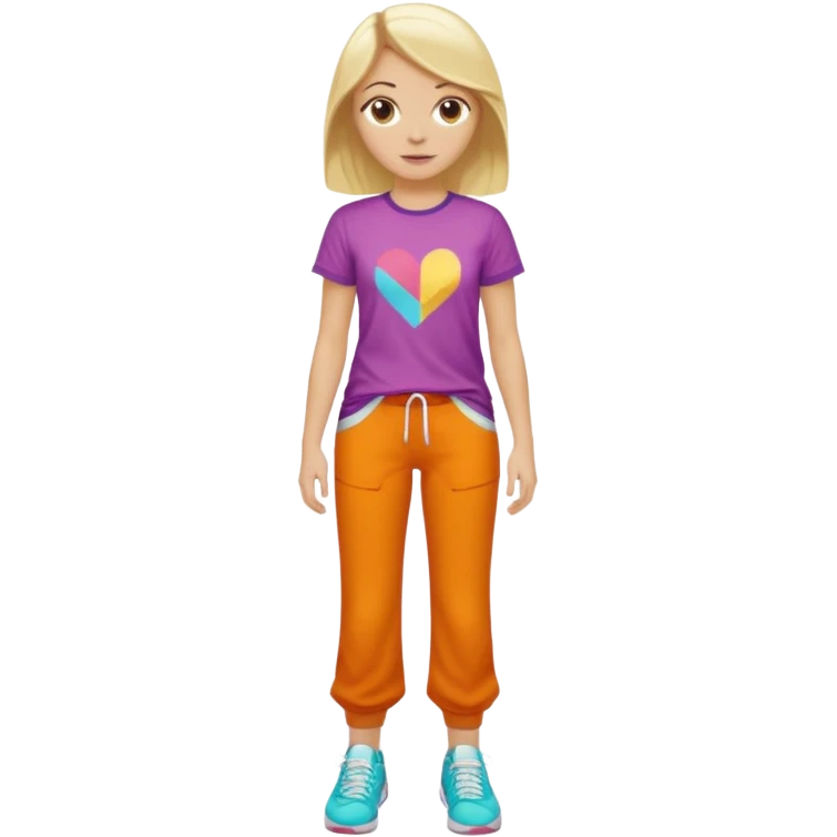 Hiphop dancer, with cute big pants, sneakers, and t-shirt. White girl blond. Coloufull shirt. No pocket pants emoji