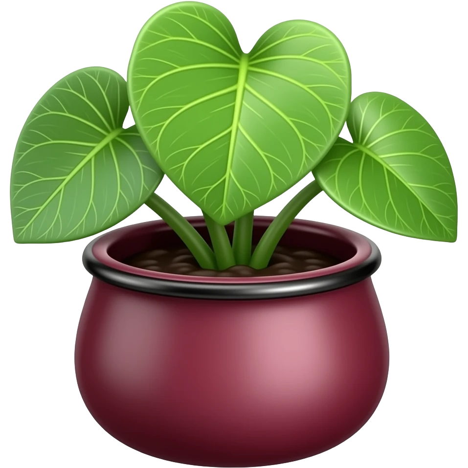 Generar una maceta circular elegante y decorativa de cerámica, la maceta es de  boca ancha y con una altura baja, la maceta es esmaltada de color burdeo tiene una planta hoja corazón. El fondo es de color blanco.  Tipo ilustración estilo cartoon  – Art Deco - 2D emoji