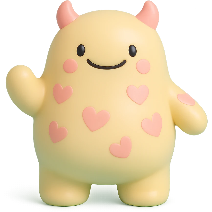 chubby monster with heart-shaped spots, smiling, playful pose emoji