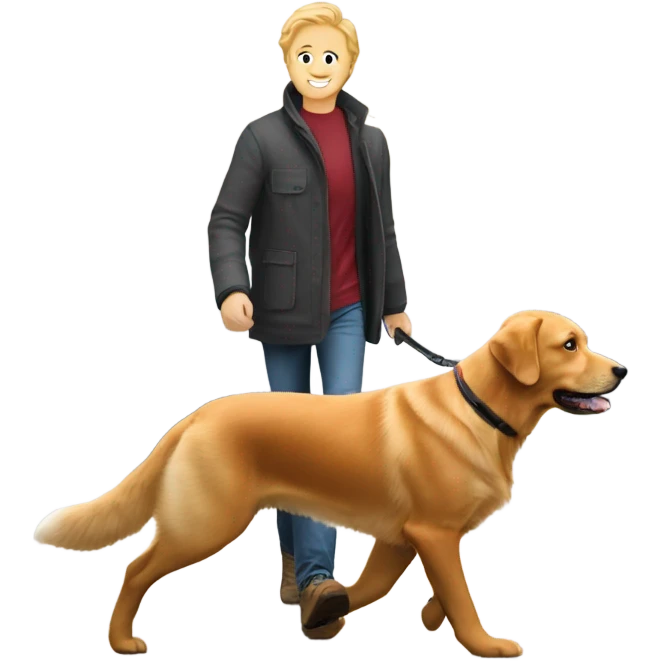 man walking fox red Labrador and woman walking English cream retriever emoji