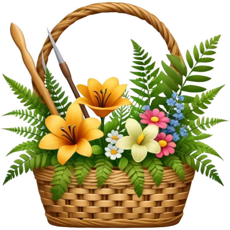 Icon for Floristry: a bouquet of flowers in a woven basket, with reeds, ferns and floral arranging tools like scissors and a flower stem. The icon should represent creativity in flower design and arranging. Transparent background. emoji