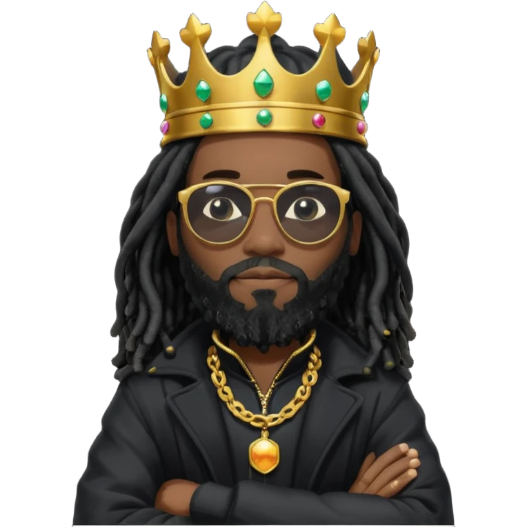 African American man with shoulder length black dreadlocks with black beard wearing  dark black sunglasses with a black bubble winter coat wearing a crown with arms folded on chest emoji